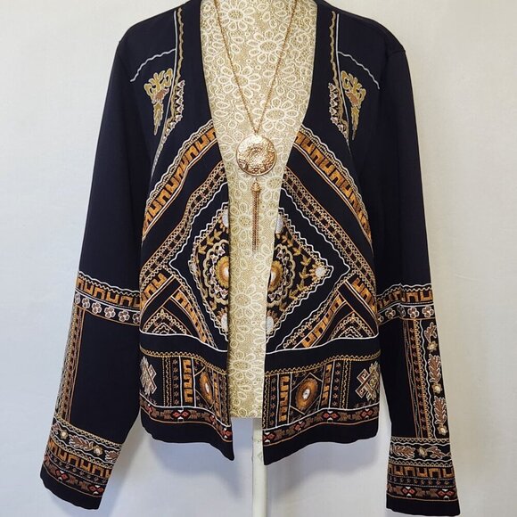 Tribal Women's Size L Black Aztec Indie Detailed Embroidered Long Sleeve Blazer - Picture 1 of 12